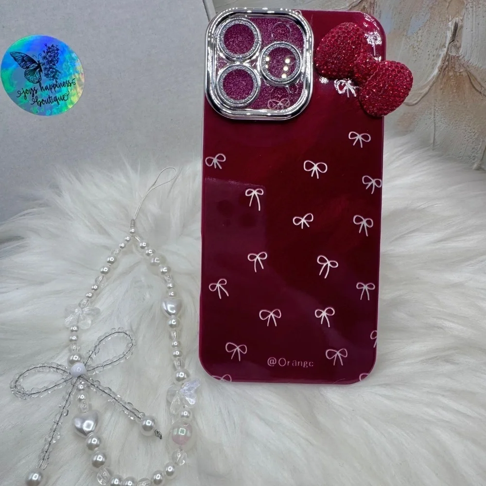 Chic iPhone 16 Pro Max  Bow Theme Wine Case w/ bows design & matching bead charm